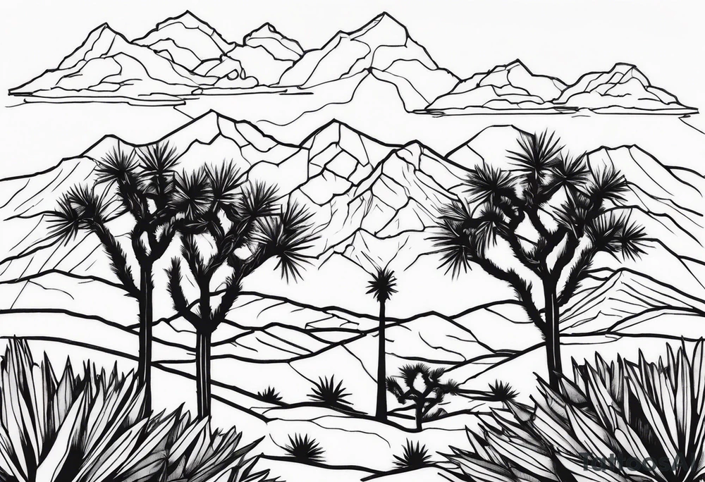 A dessert with joshua trees transitioning to pine trees and mountains tattoo idea