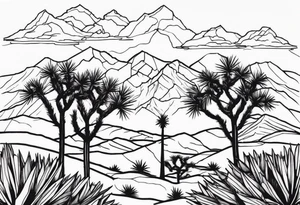 A dessert with joshua trees transitioning to pine trees and mountains tattoo idea