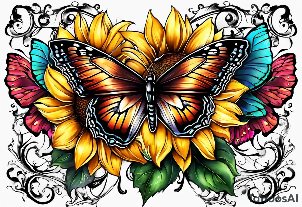 Wing cross with sunflower and butterflies tattoo idea