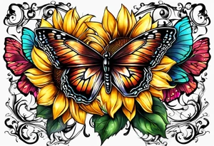 Wing cross with sunflower and butterflies tattoo idea