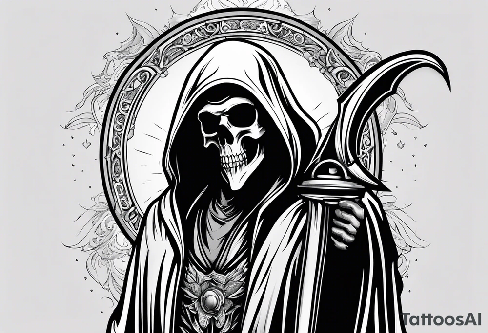full body grim reaper with his hood off and a halo above his head tattoo idea