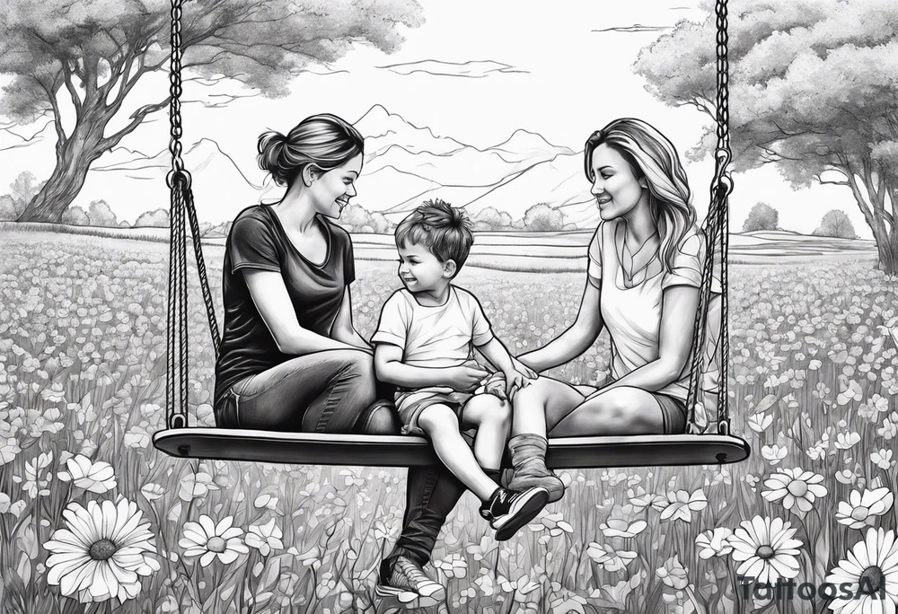 Mom with son and daughter on a swing in the distance in a field of flowers tattoo idea
