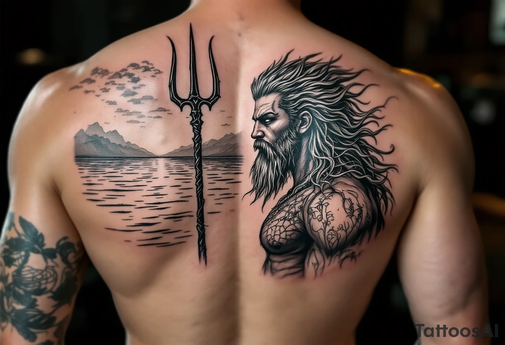 fit poseidon, with trident, in calm water, looking at the horizon tattoo idea