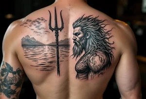 fit poseidon, with trident, in calm water, looking at the horizon tattoo idea