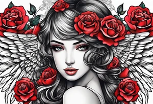 Beautiful woman angle with wings standing from head to toe imagine surrounded by roses tattoo idea