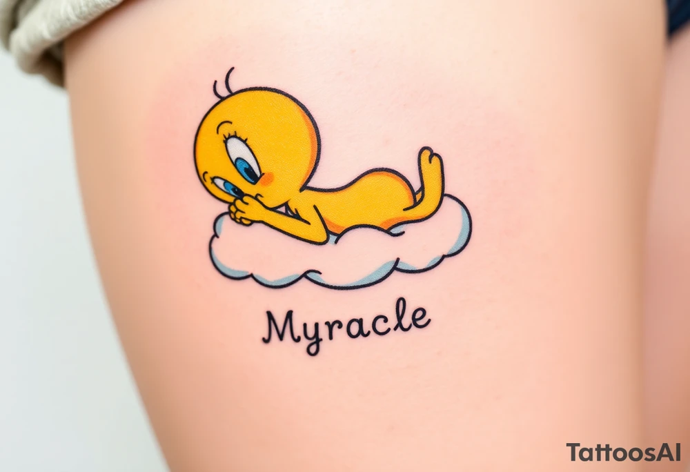 Tweety Bird laying on a cloud with his head in his hands looking up at the sky. Under the cloud in small capital letters is the name Myracle Blessing tattoo idea