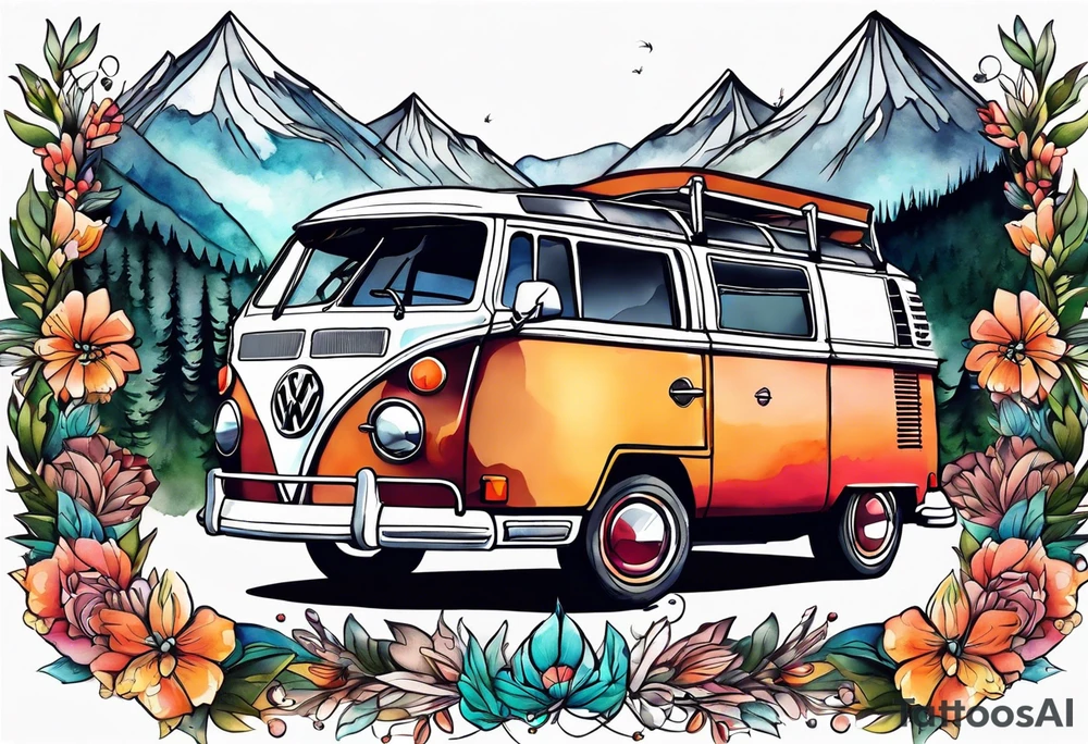 Compass, mountains and VW Komi campervan tattoo idea
