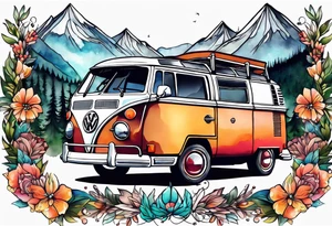 Compass, mountains and VW Komi campervan tattoo idea