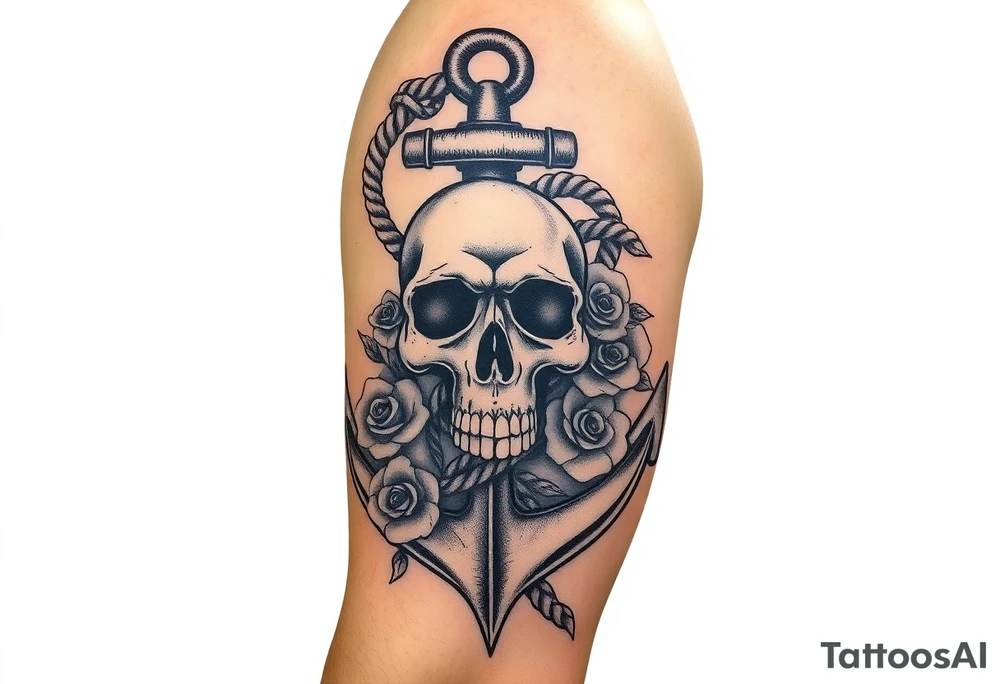 weathered anchor wrapped in nautical rope with sea waves and Roses below aged skull,. tattoo idea