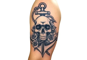 weathered anchor wrapped in nautical rope with sea waves and Roses below aged skull,. tattoo idea