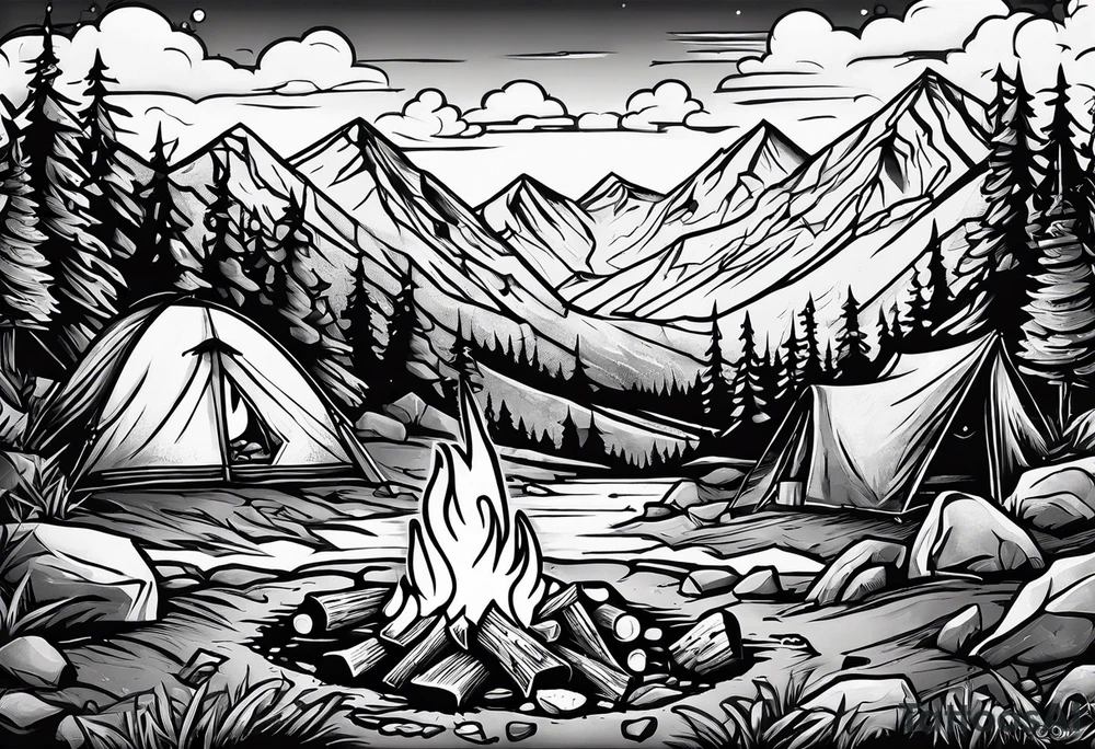 small camp fire at the base of a mountain tattoo idea