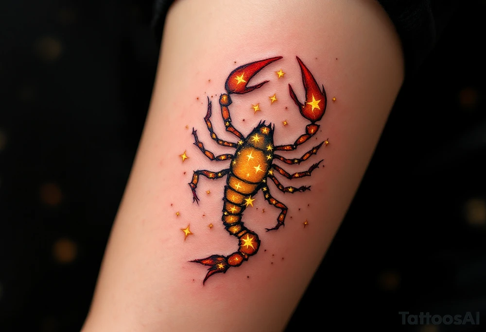 Golden stars form the shape of the astrological Scorpius ♏ symbol in the heart of the fiery red Scorpius constellation. tattoo idea