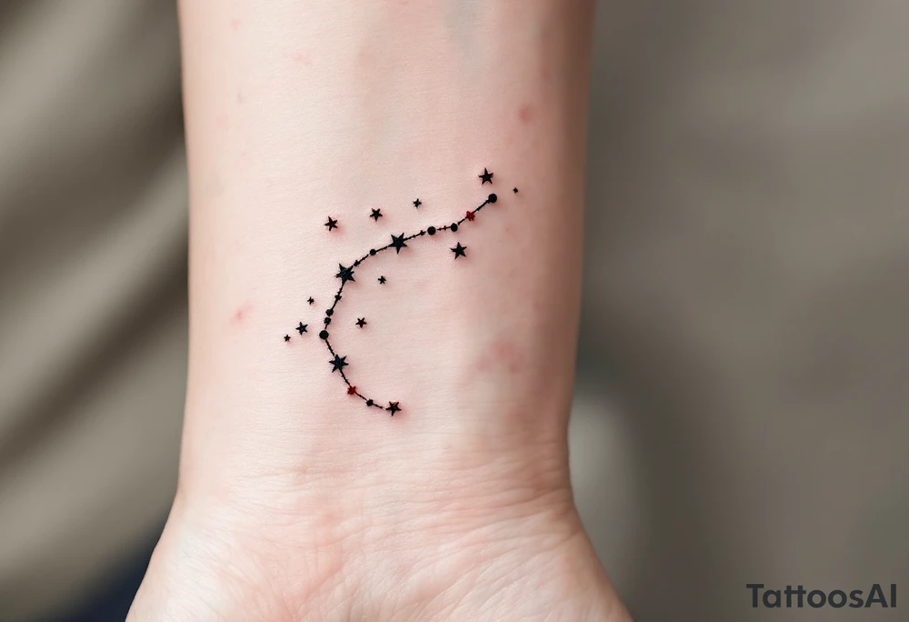 Black ink scales hang symmetrically beneath a Libra star constellation traced in fine white dots with red star accents. tattoo idea