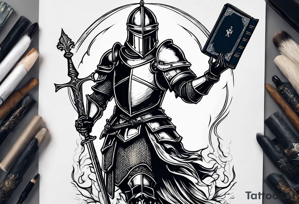 knight holding a bible over his head in combat with both hands tattoo idea