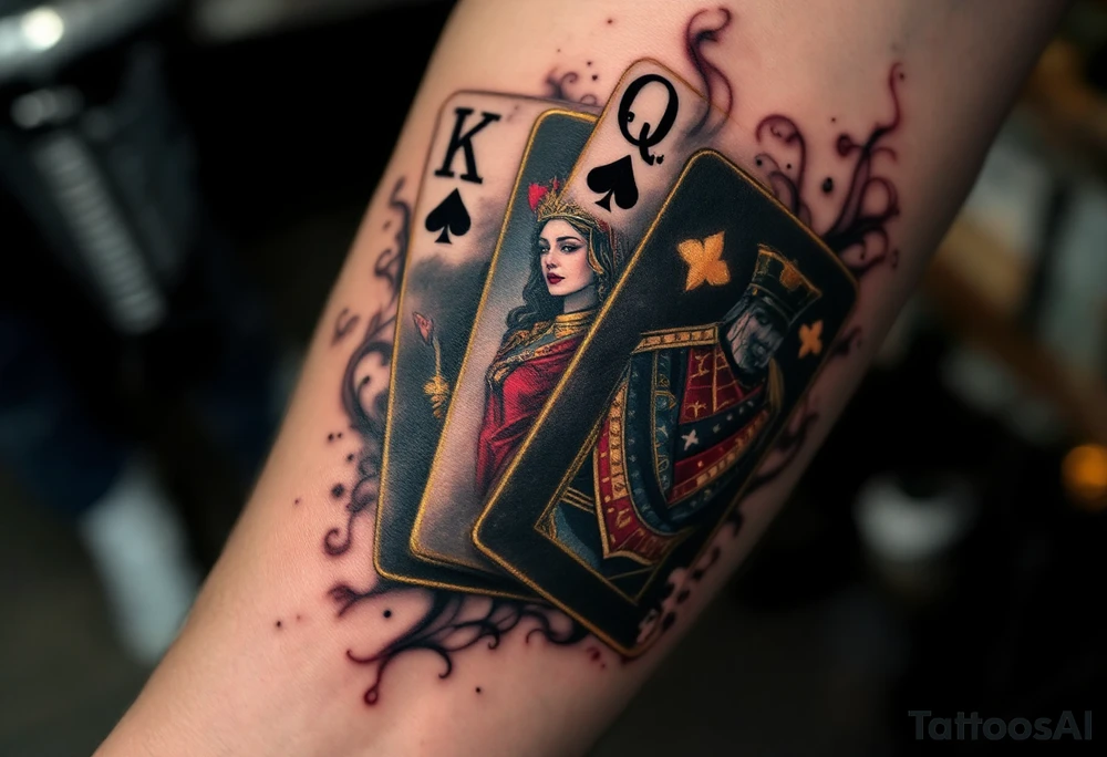 A playing cards tattoo showing the ace of spades, queen of hearts, and king of clubs fanned out in rich black, deep red, and golden-yellow ink, with realistic card textures, subtle shadowing, and faint smoky wisps curling around the edges for a dramatic, high-stakes vibe. tattoo idea