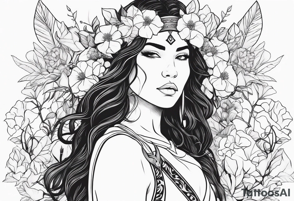Powerful sexy warrior woman wearing animal fur surrounded by flowers and vines tattoo idea