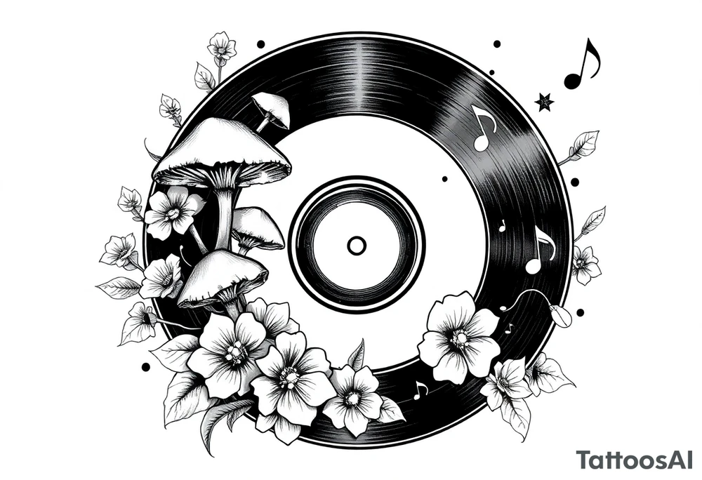 vinyl record with mushrooms, flowers, and music notes tattoo idea
