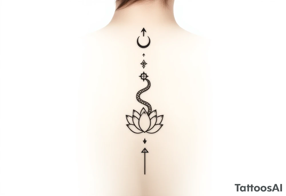 Ultra-high-definition, 
 
Tattoo Description (Very Important)

A fine-line black ink vertical spine tattoo, perfectly centered and symmetrical, running from upper back to lower back:

At the top (just below the neck):
A small upward-pointing arrowhead, minimal and sharp.

Below it:
A crescent moon, thin and elegant, facing upward.

Beneath the moon:
A small star / celestial cross with delicate points.

Below that:
A coiled viper, minimalistic and clean, facing upward, compact coils (tattoo-friendly, not aggressive).

Below the snake:
Another small celestial star marker, aligned vertically.

Center of the back:
A detailed lotus flower, symmetrical petals, fine-line botanical style, calm and balanced.

Below the lotus:
Small ornamental dots and geometric accents, maintaining vertical flow.

At the bottom (lower back):
A final upward-pointing arrow, thin, precise, completing the vertical line.


Tattoo style: fine-line, minimalist, sacred geometry / celestial, crisp edges, high clarity, no blur.


---

Quality & Output Settings

Resolution: Ultra HD / poster-print quality

Sharp focus across entire back and tattoo

Natural skin texture preserved

No distortion, no fantasy elements

Clean, elegant, gallery-ready realism tattoo idea