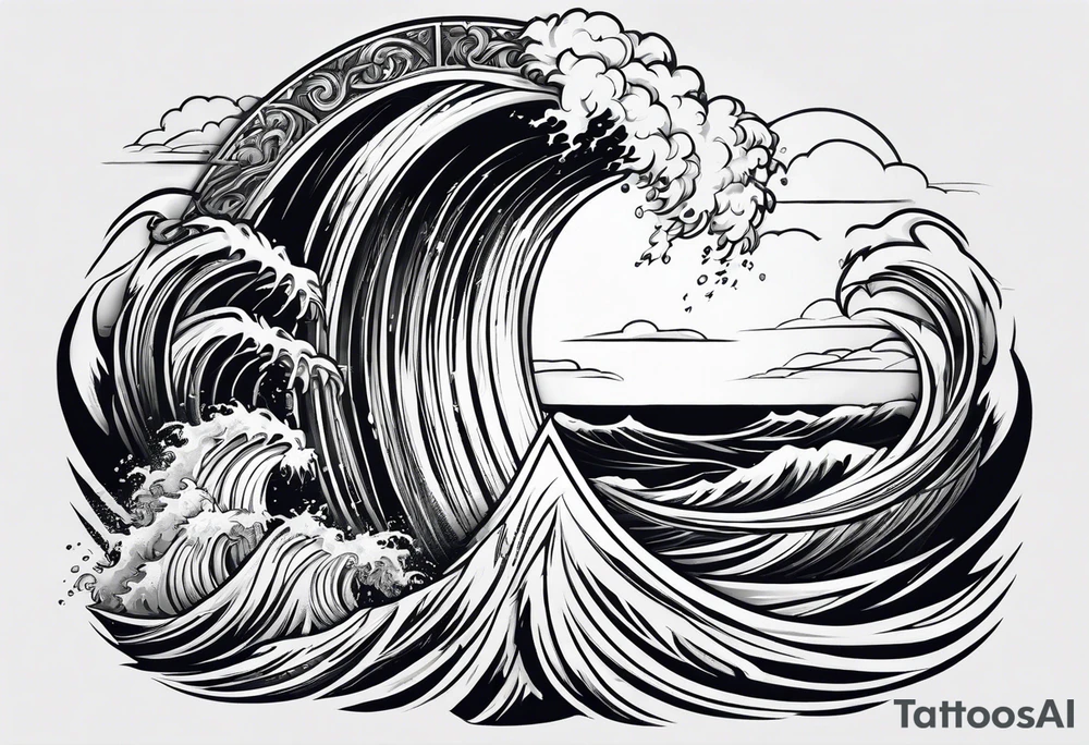 zeus lightning bolt crossed with poseidon trident with stormy waves in the background tattoo idea