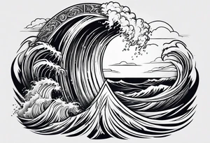 zeus lightning bolt crossed with poseidon trident with stormy waves in the background tattoo idea