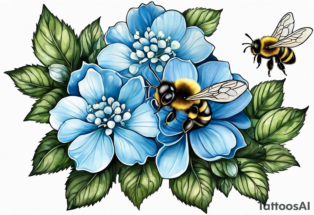 Small tattoo. There’s a hydrangea and a bee but they are not touching. Make the bee smaller than the hydrangea and have the bee off to the side. Bee is smaller than the hydrangea tattoo idea