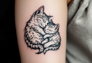 A cat and kitten in black ink intertwined in sleep represents warmth, trust, and quiet love. tattoo idea