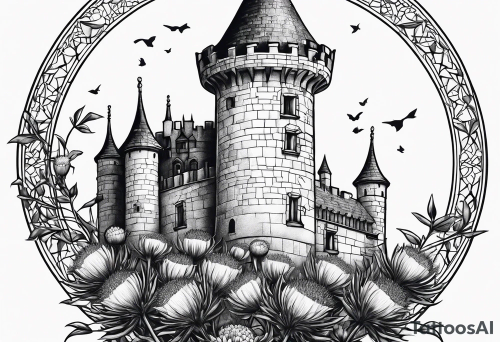 Thistles growing around a castle turret tattoo idea