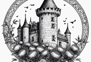 Thistles growing around a castle turret tattoo idea