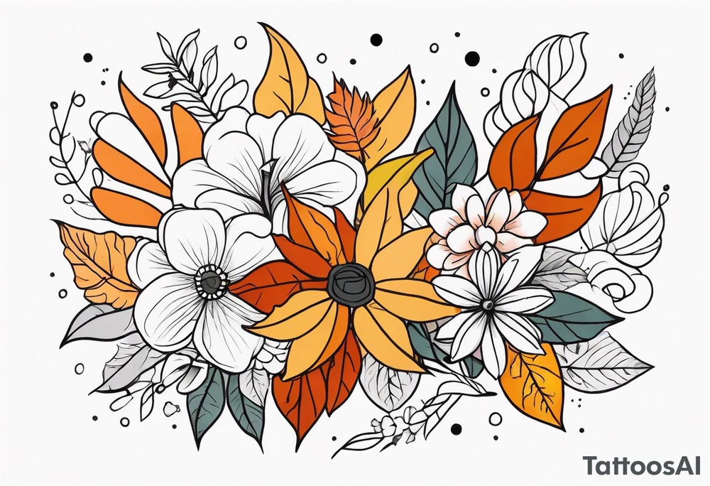 Full arm with fall colors, flowers, water, leaves and various shapes tattoo idea