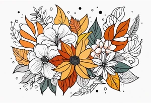 Full arm with fall colors, flowers, water, leaves and various shapes tattoo idea