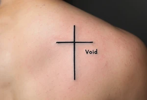 A deep black cross on man face under a man’s right eye, in simple linework, next to the word "Void" on the other side in minimal, spaced-out letters. tattoo idea