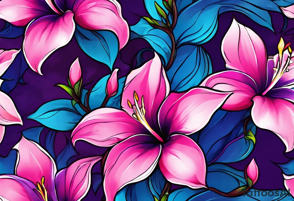 brushstroke abstract pink, purple, and blue mandevilla flowers on a vine, with color leaking out into the background. SOme of the flowers should be full color, and some just linework. It should have a handdrawn, sketch feel. tattoo idea
