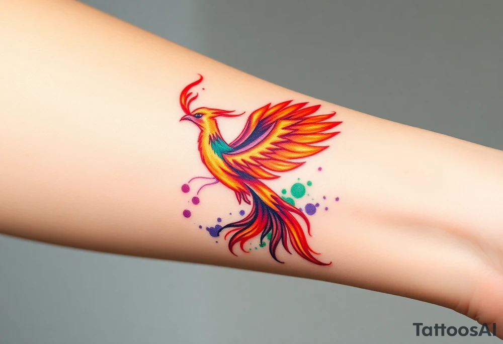 Phoenix with blazing flames with purple and green splashes with ash falling from its tail tattoo idea