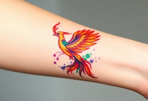 Phoenix with blazing flames with purple and green splashes with ash falling from its tail tattoo idea