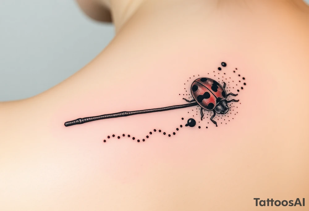 A ladybug getting out of hermione's magic wand like it was a spell. Magic dust all around the wand that looks almost smoky. I also want some small details around it that would make a piggyback on harry potter's movie like harry's glasses, a lightning, the golden snitch, etc... tattoo idea