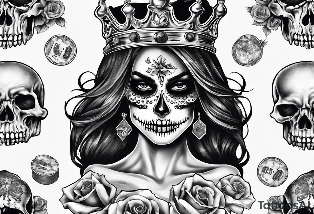 santa la muerta with money and crown tattoo idea