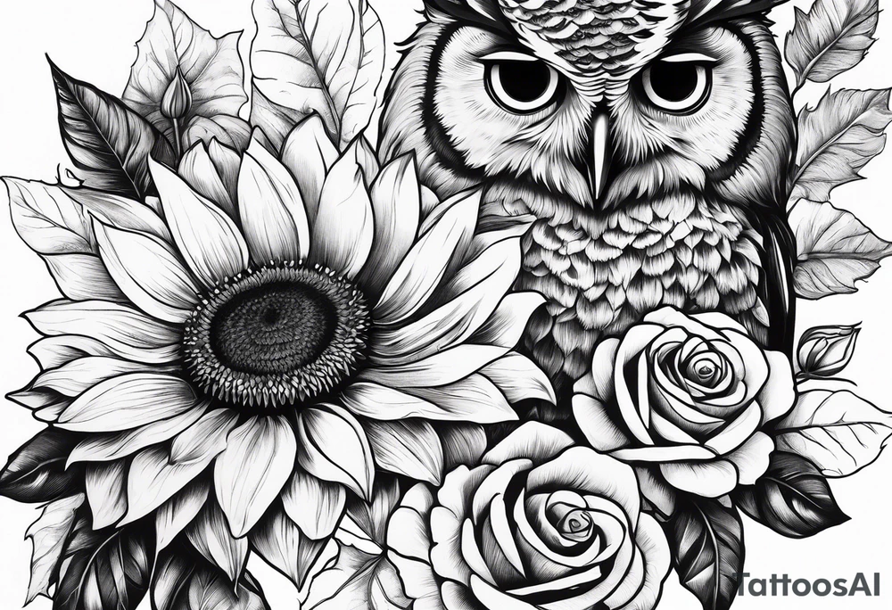 Sunflower and rose flower, owl tattoo idea