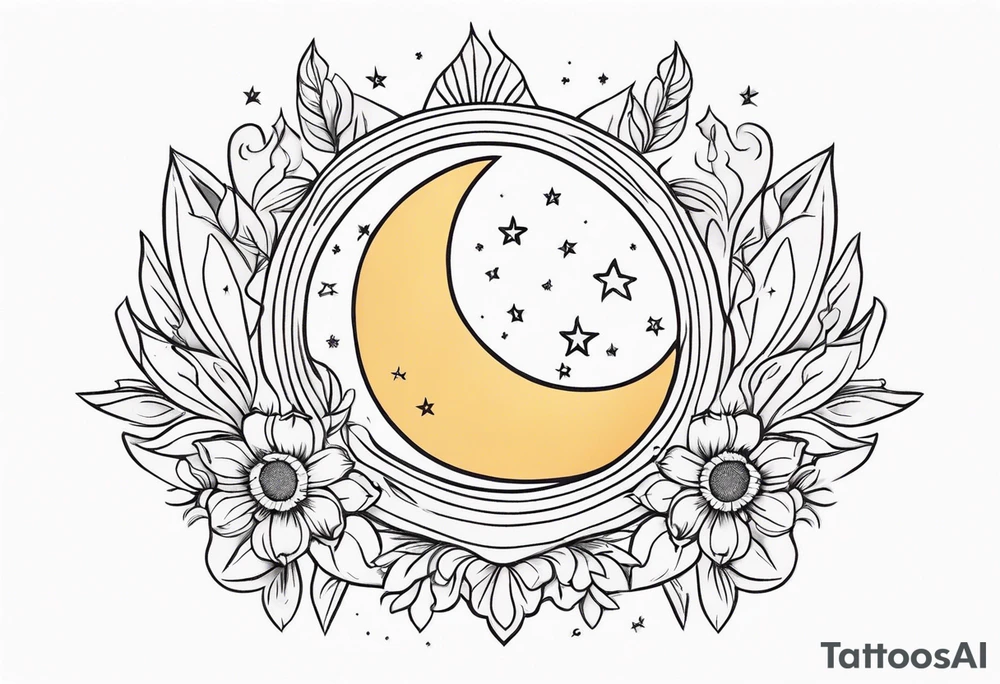 Western floral with sun stars and moon. Mirrored tattoo idea
