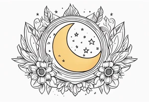 Western floral with sun stars and moon. Mirrored tattoo idea