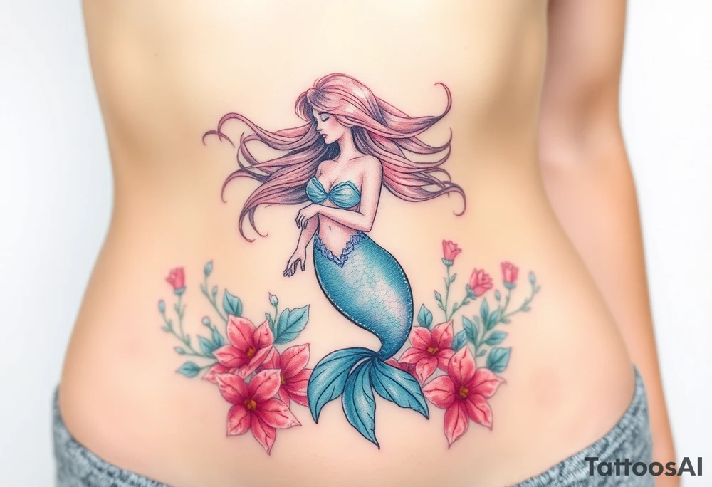 ethereal mermaid with flowing hair among coral and sea flowers tattoo idea