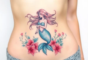 ethereal mermaid with flowing hair among coral and sea flowers tattoo idea