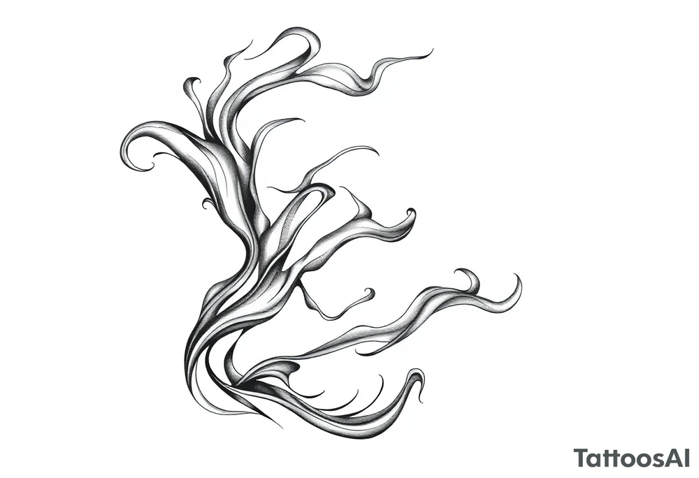 Flowing smoke and flames in blackwork style, fluid line art, tattoo design for forearm or sleeve, negative space, motion effect, sharp curves and swirls tattoo idea