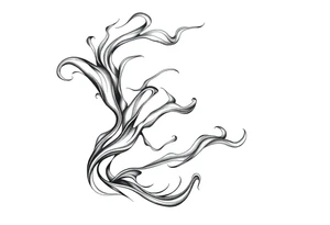 Flowing smoke and flames in blackwork style, fluid line art, tattoo design for forearm or sleeve, negative space, motion effect, sharp curves and swirls tattoo idea