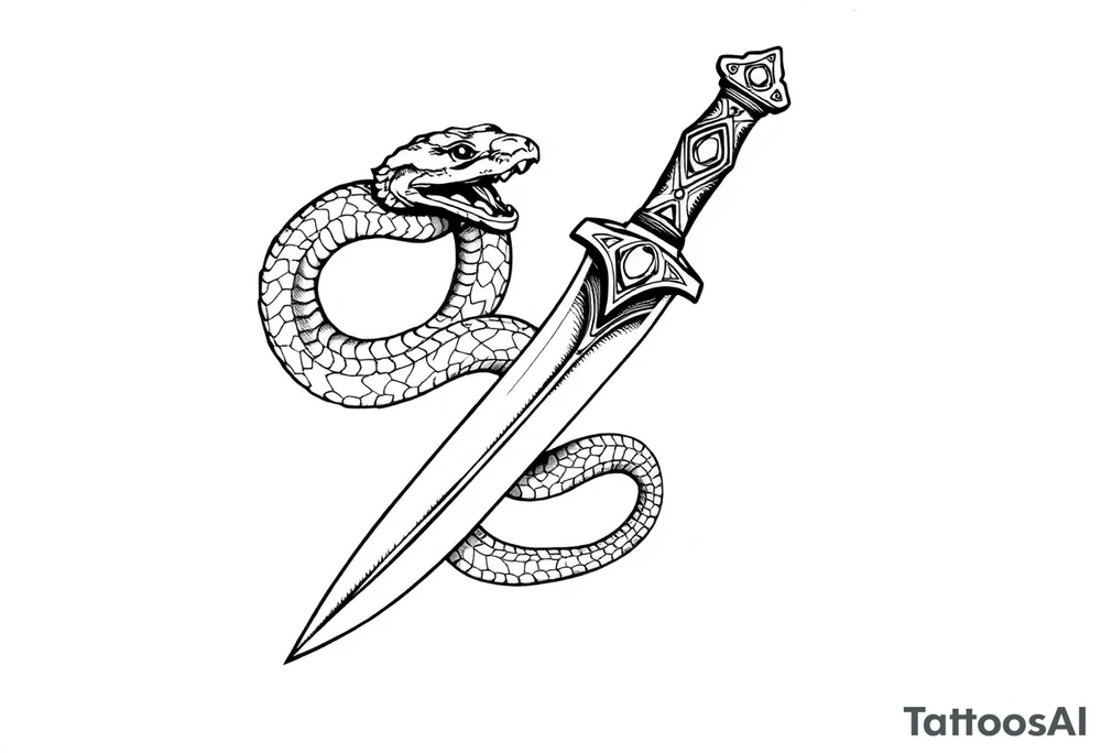 mystical snake coiled around an ancient dagger with jeweled hilt tattoo idea