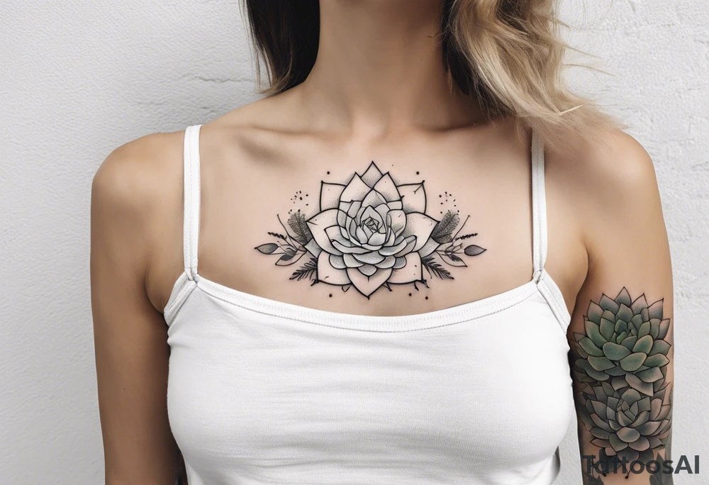 fine line with sun, stars, floral, dots, three succulents
. Sternum tattoo grey scale shading tattoo idea