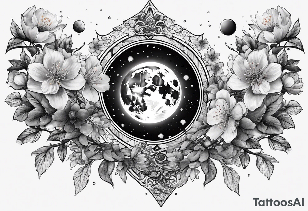 solar system with cherry blossoms spread about spine tattoo idea