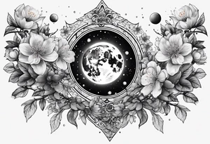 solar system with cherry blossoms spread about spine tattoo idea
