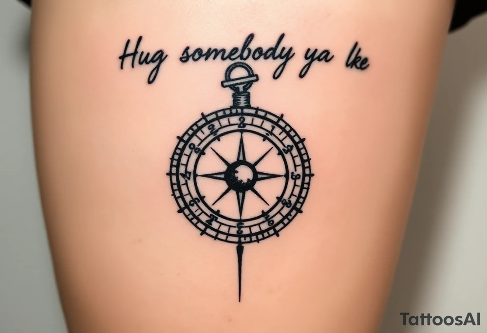 Sundial casting shadow with handwriting “Hug somebody ya like” above. tattoo idea