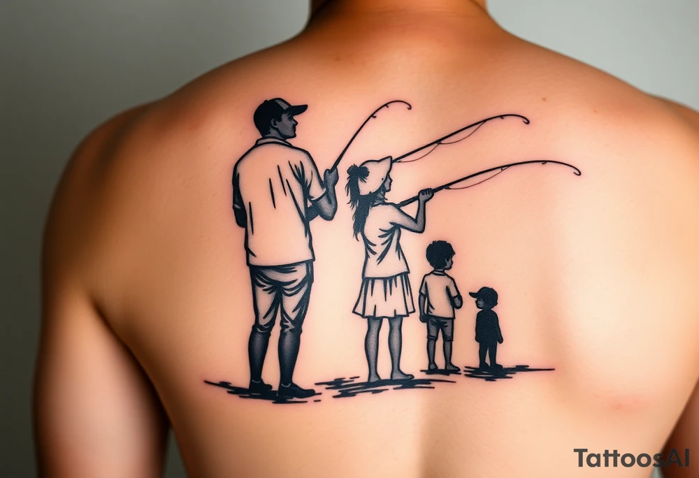 Silhouette of Dad, 14 yr old son, 11 yr old daughter and 3 yr old son fishing tattoo idea