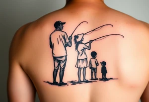 Silhouette of Dad, 14 yr old son, 11 yr old daughter and 3 yr old son fishing tattoo idea